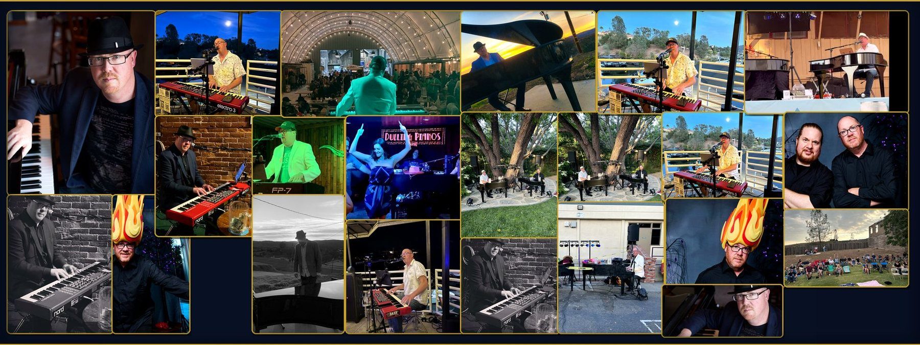 Collage of James Michael Day performing at weddings, piano bars, outdoor events and dueling piano shows